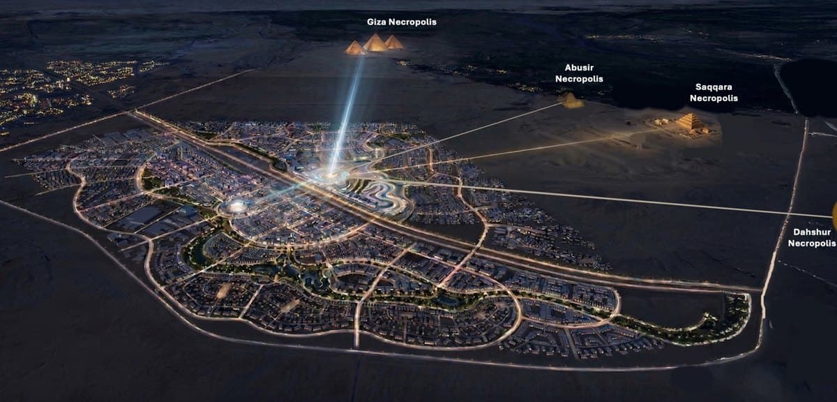Sun City masterplan at night, on the axis to the Giza necropolis