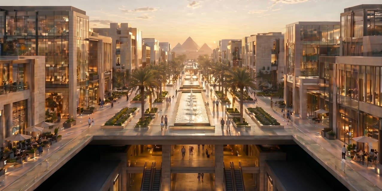 The retail street, with the pyramids closing the axis