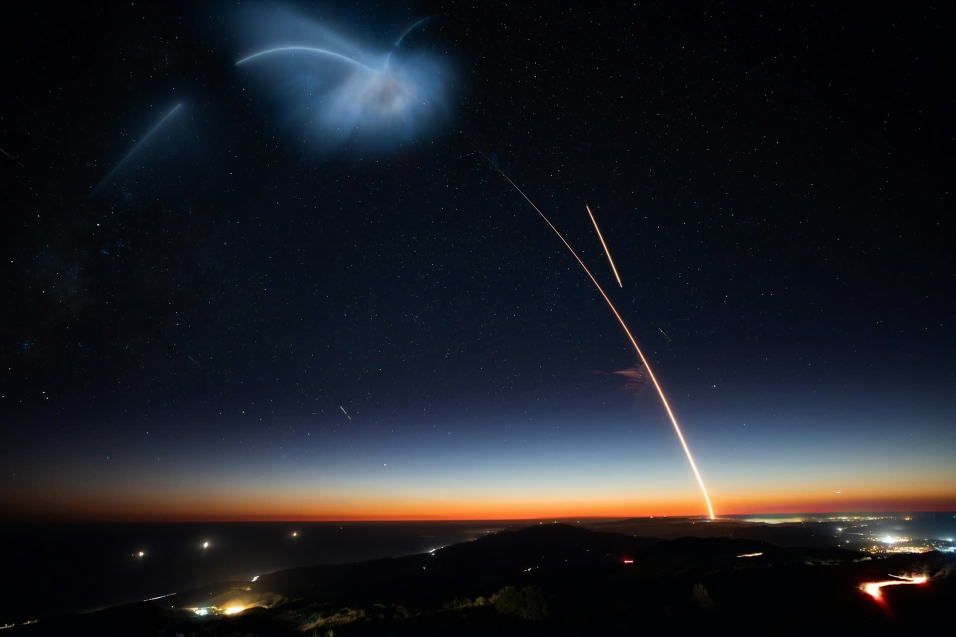 A rocket's launch trail across the night sky