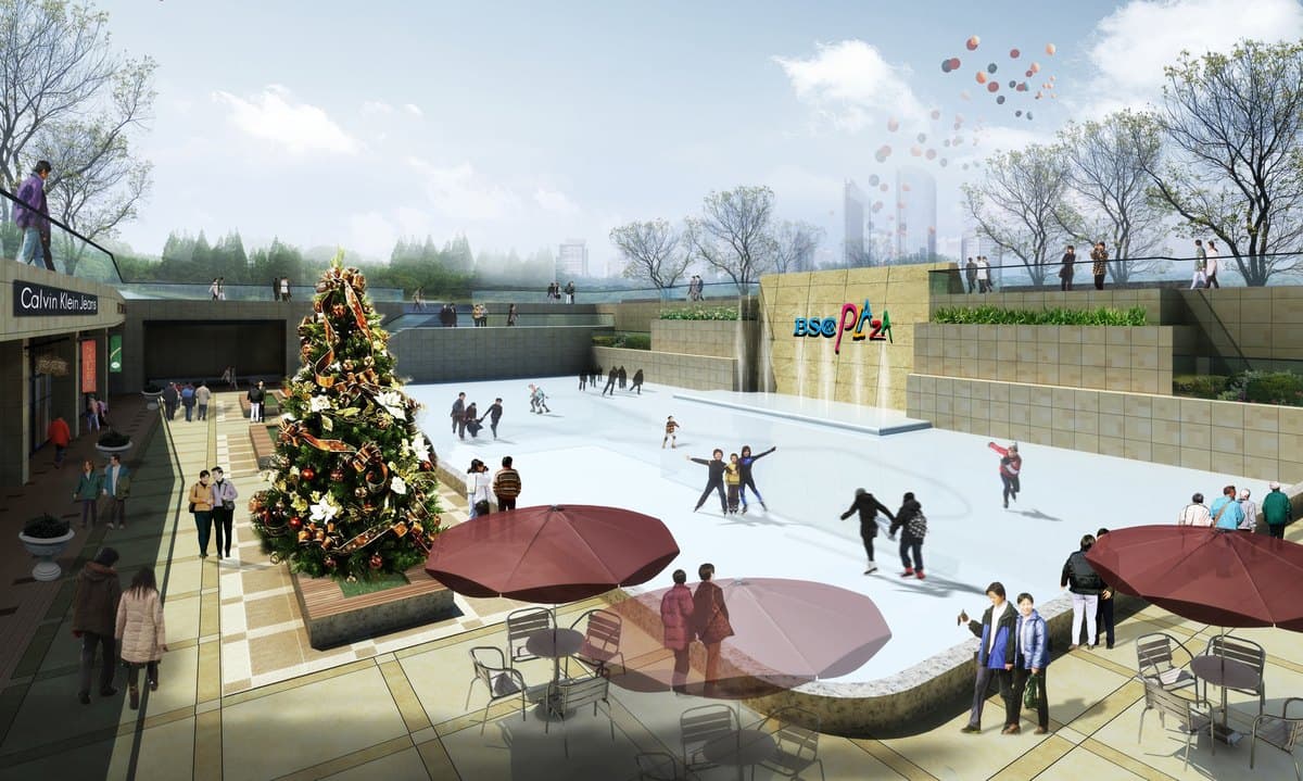 The plaza level in winter, rendering