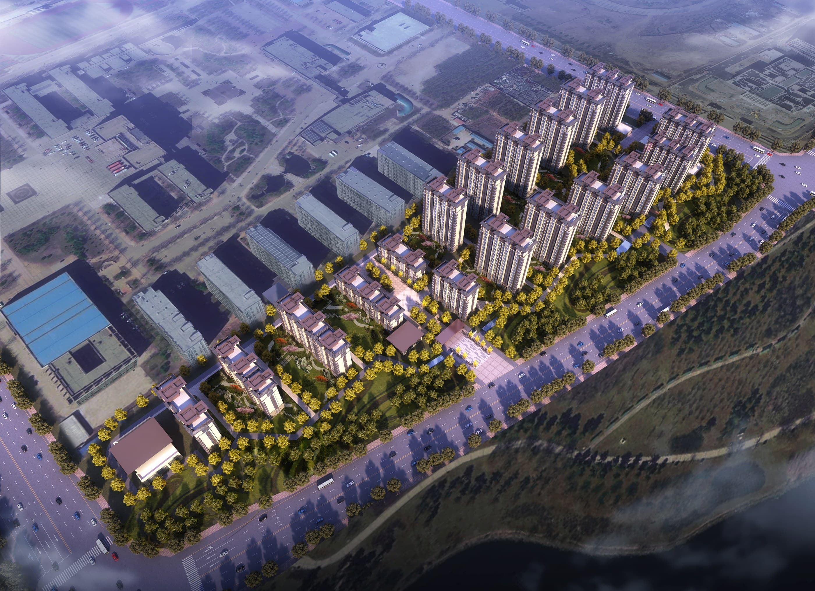Aerial rendering, dusk