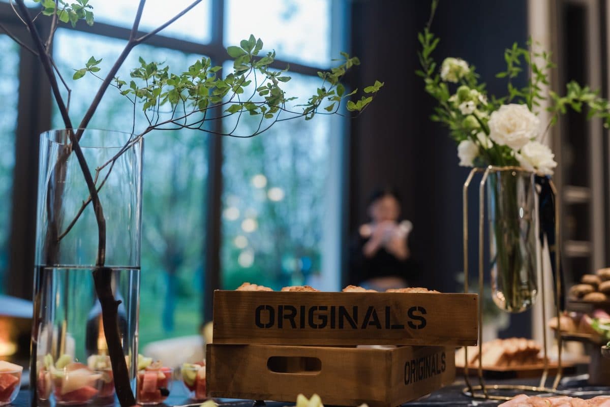 Refreshment table and floral styling at the sales centre