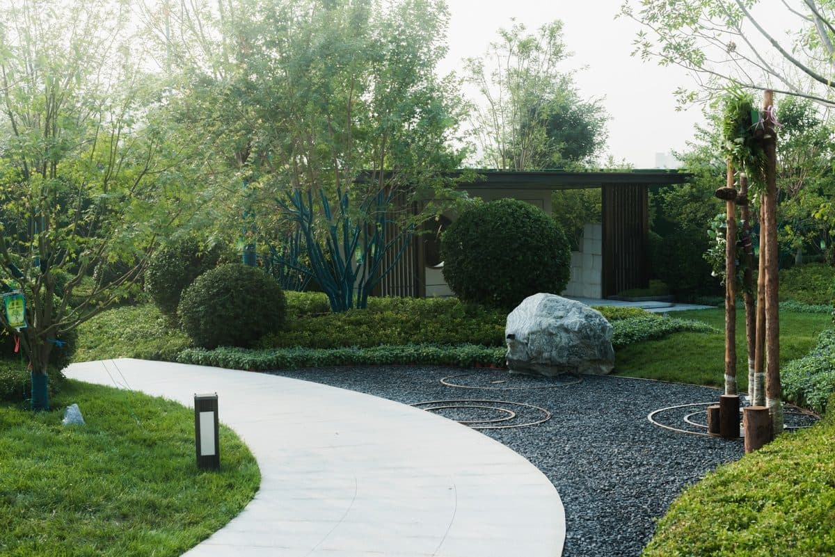Daytime garden path and stone landscape at the sales centre