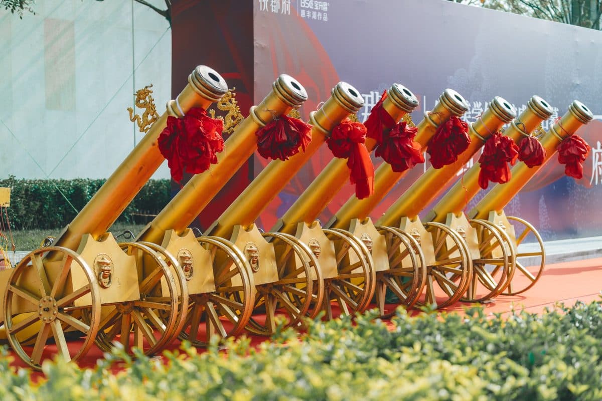 Ceremonial confetti cannons lined up for the launch