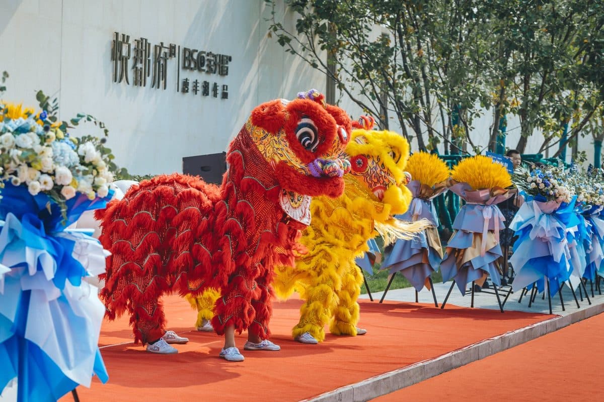 Lion dance costumes and ceremonial staging