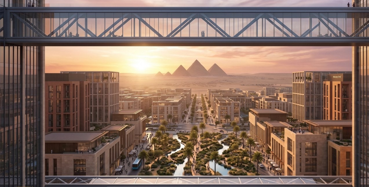 Sunset down the pyramid axis, seen from a skybridge