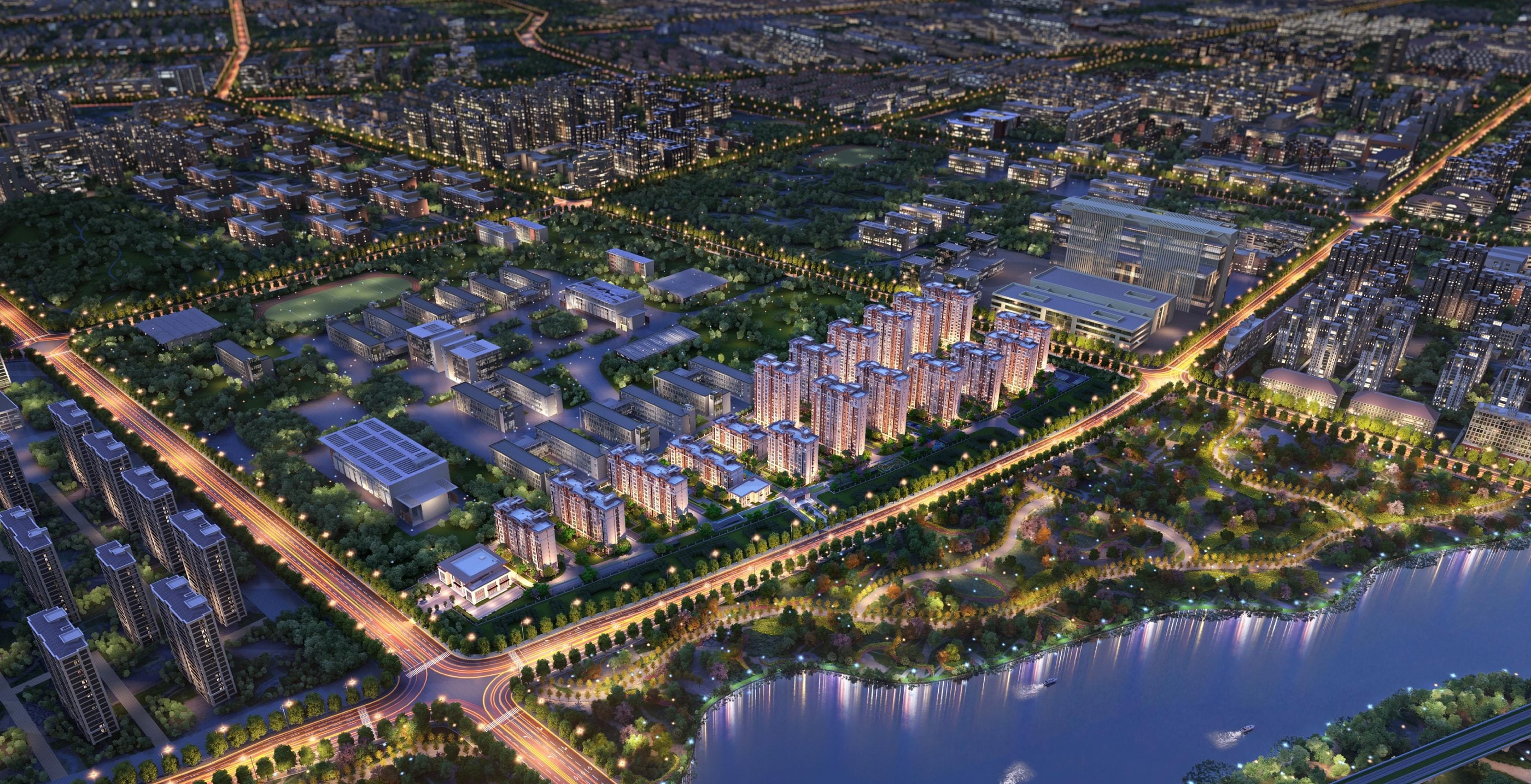 The Yuejunfu district at night from the air, rendering