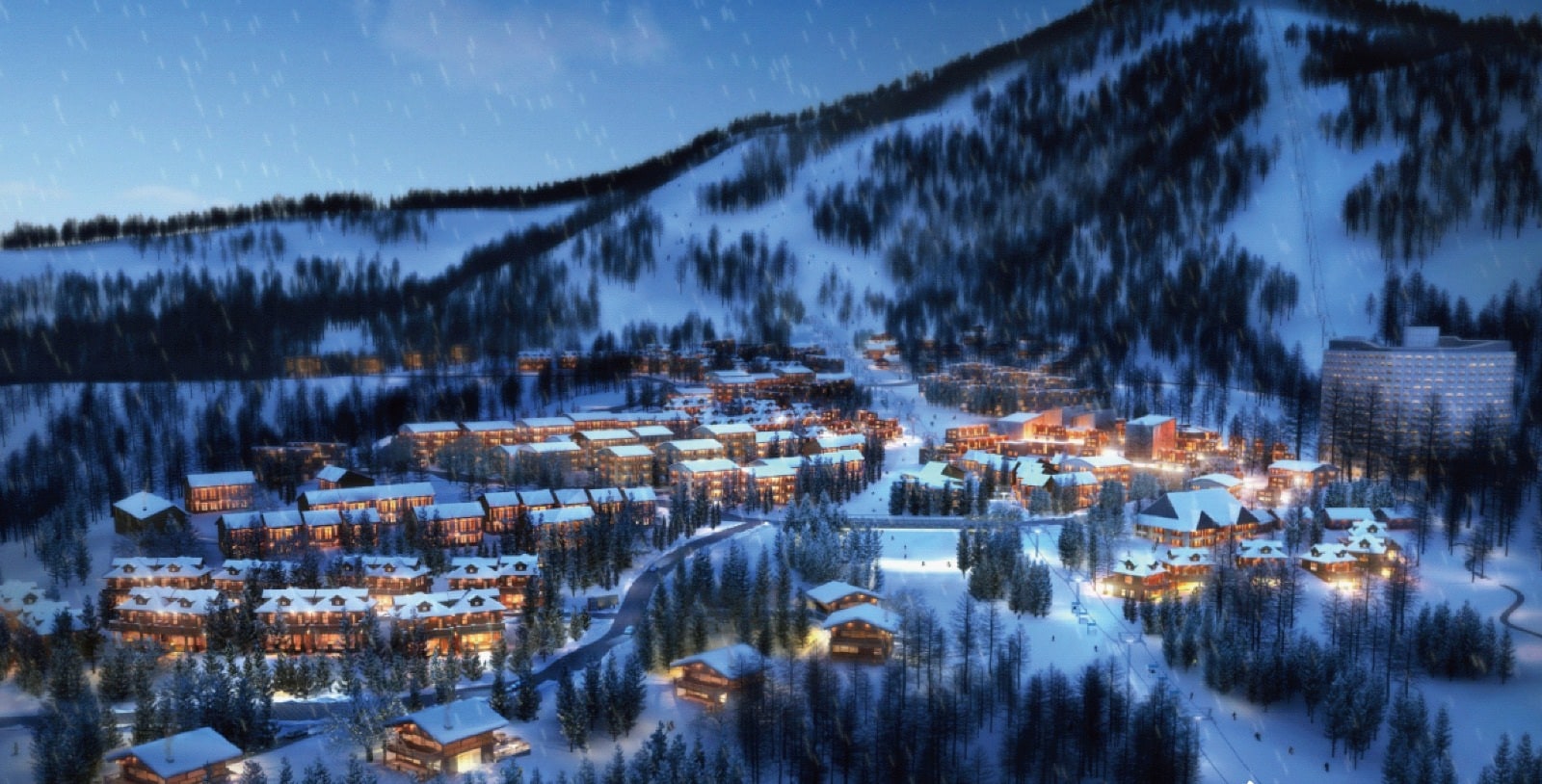 Matsuyama Resort, winter aerial rendering