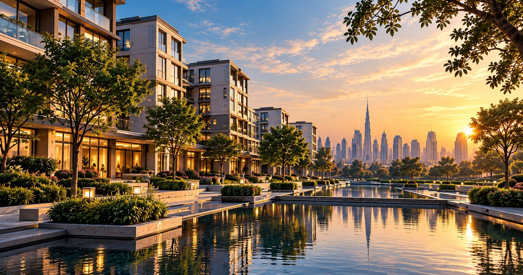 A waterfront residential quarter at sunset
