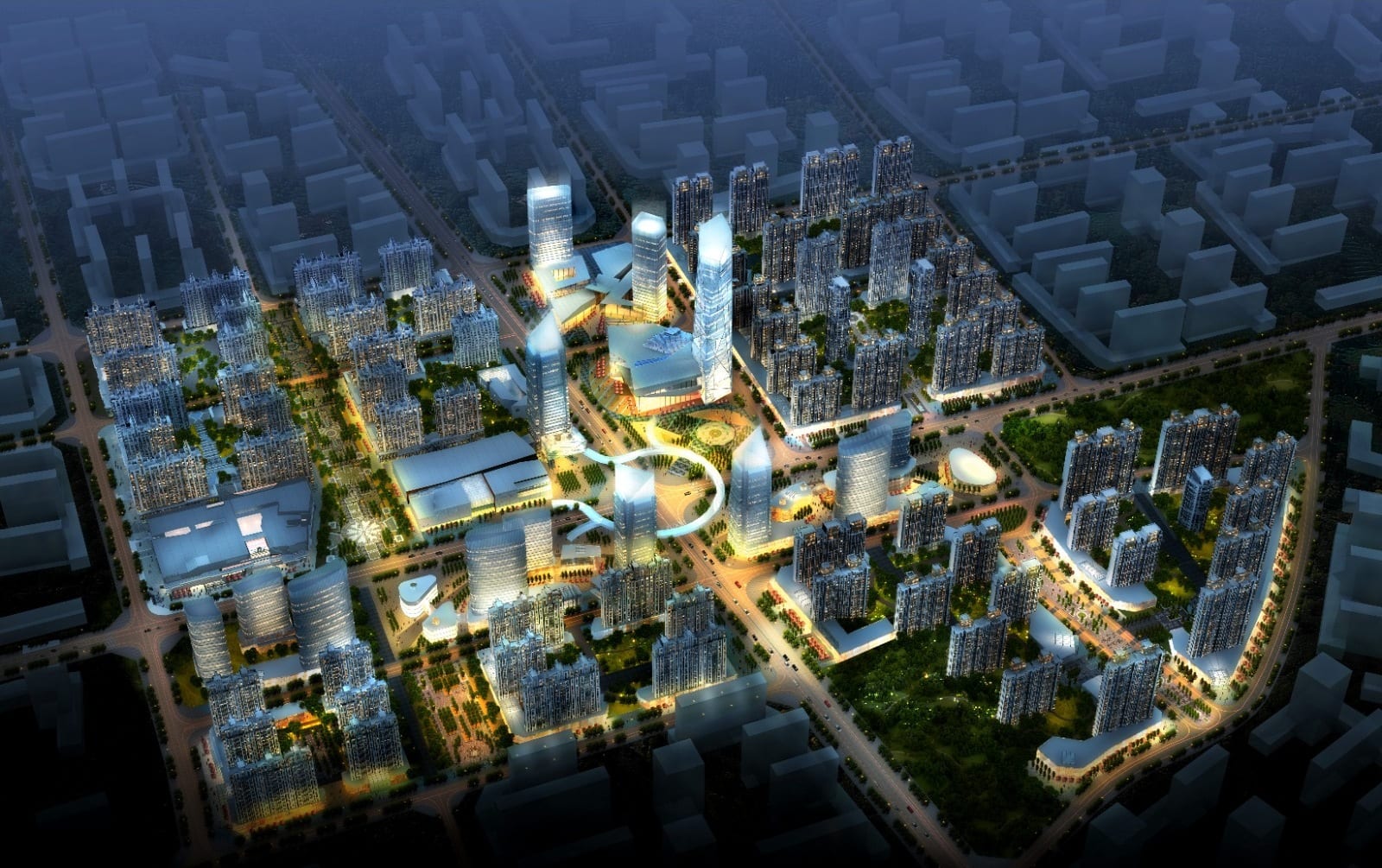Diamond City masterplan, night aerial rendering