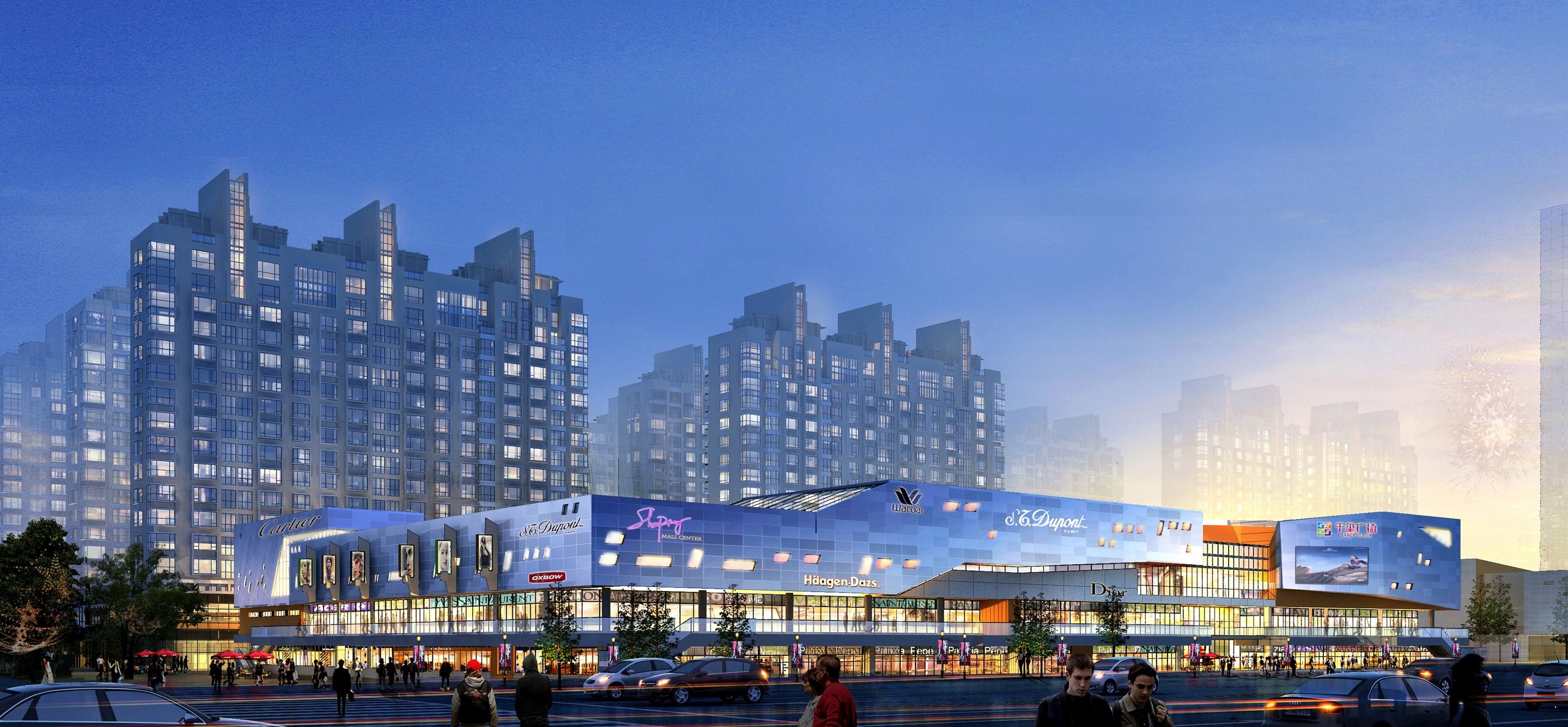 Qianxi Square retail frontage at night, rendering