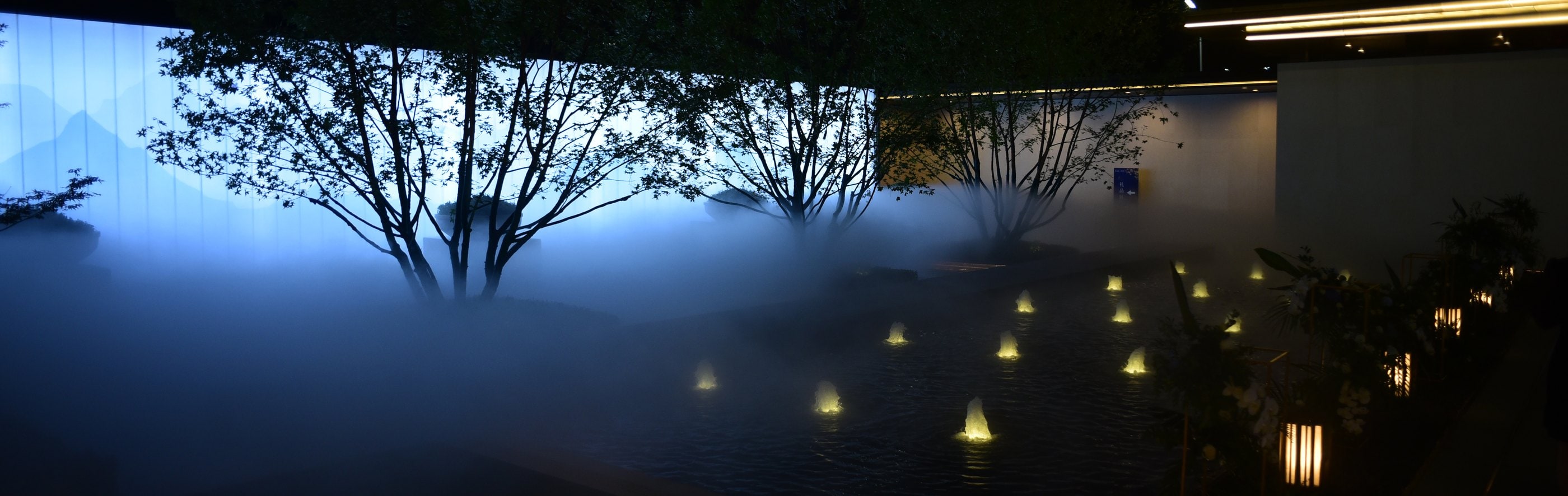 夜间雾森水景全景,水面漂浮灯