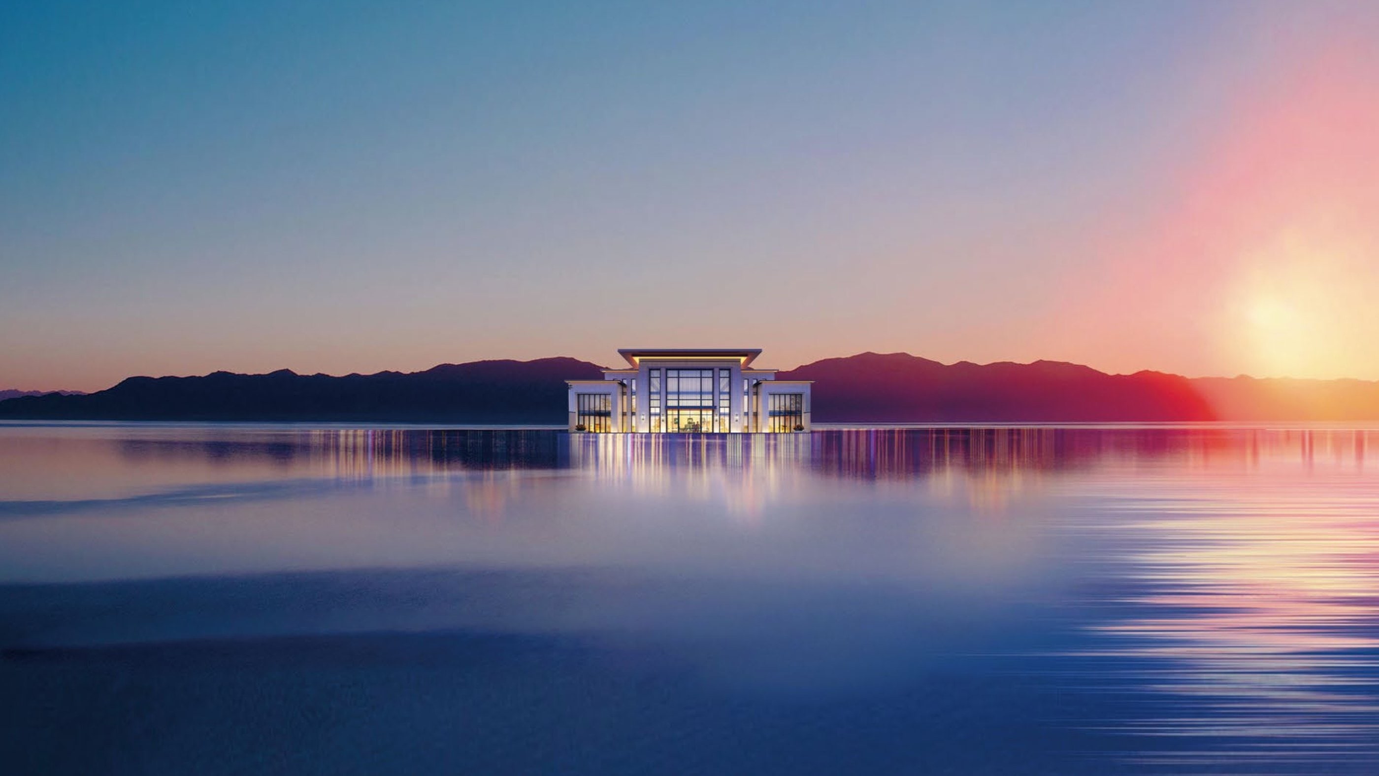 Yue Jun Fu, the lakeside clubhouse at sunrise